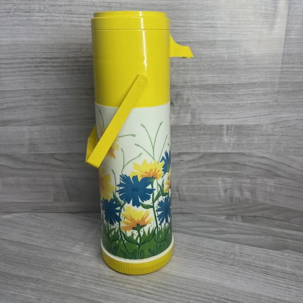 Vtg 70s Aladdin Pump A Drink Dispenser Thermos Shell Yellow Floral CottageCore